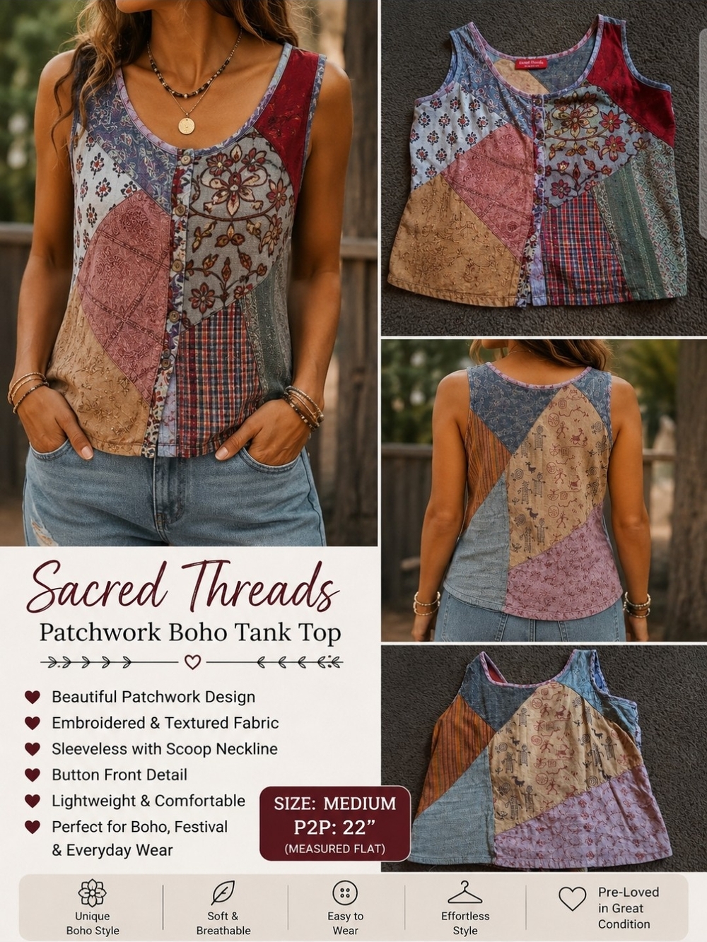 Sacred Threads Patchwork Boho Tank Top - Multi (Red, Blue, Pink, Tan, Cream)